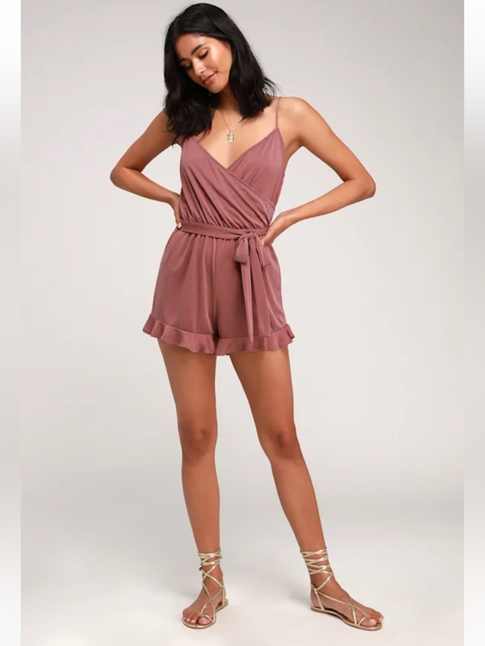 Lulus Katelyn Rose Pink Ruffled Surplice Romper NWT Size Medium Sleeveless
